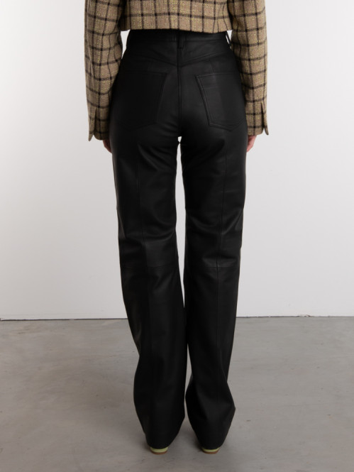 Leather straight pants black 